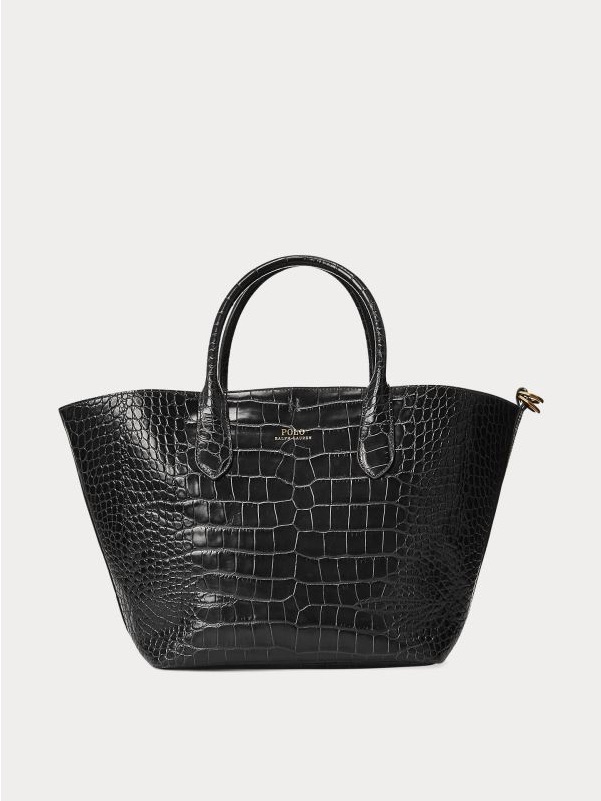 Polo By Ralph Lauren Black Croc-Embossed Tote With Gold Hardware